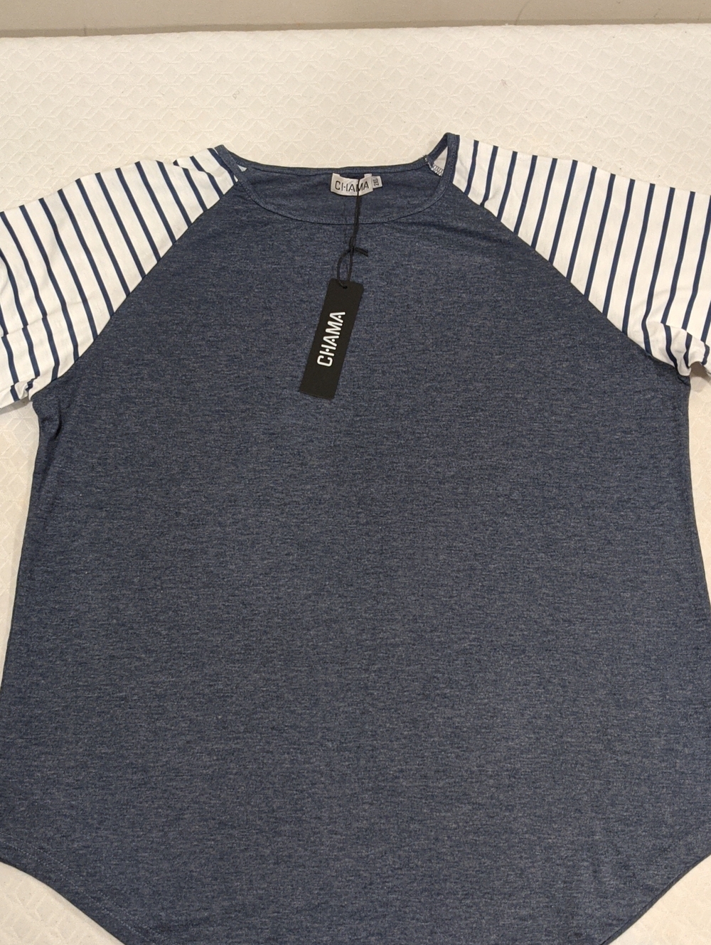 Chama Basic Tunic Blue & White Striped Raglan Short Sleeve Blouse Size 2XL - Picture 2 of 10